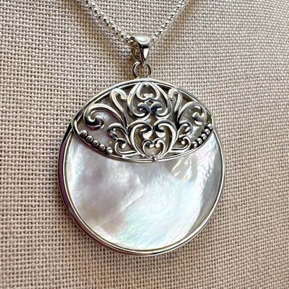 Sterling Silver 925 Mother of Pearl Scroll Pendant Necklace Size 23.5" Length - Picture 7 of 16